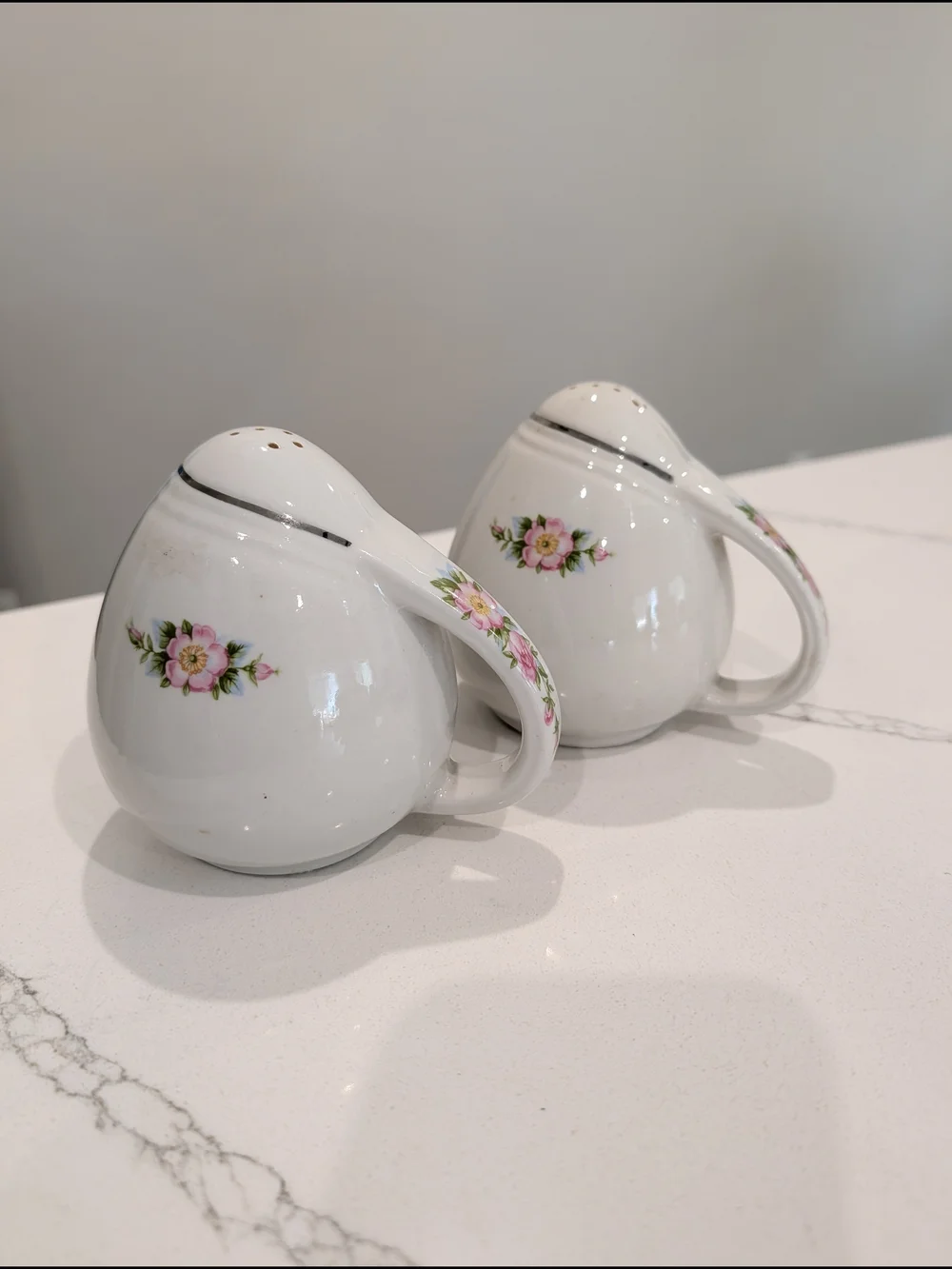 Vintage MCM Ceramic Salt & Pepper Shakers Floral Silver Trim Handled Cork USA
